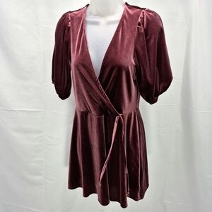 NWOT Bebop Burgundy Velvet Faux Wrap Tunic Mini- Mid Dress Top W/ Tassel Tie M.